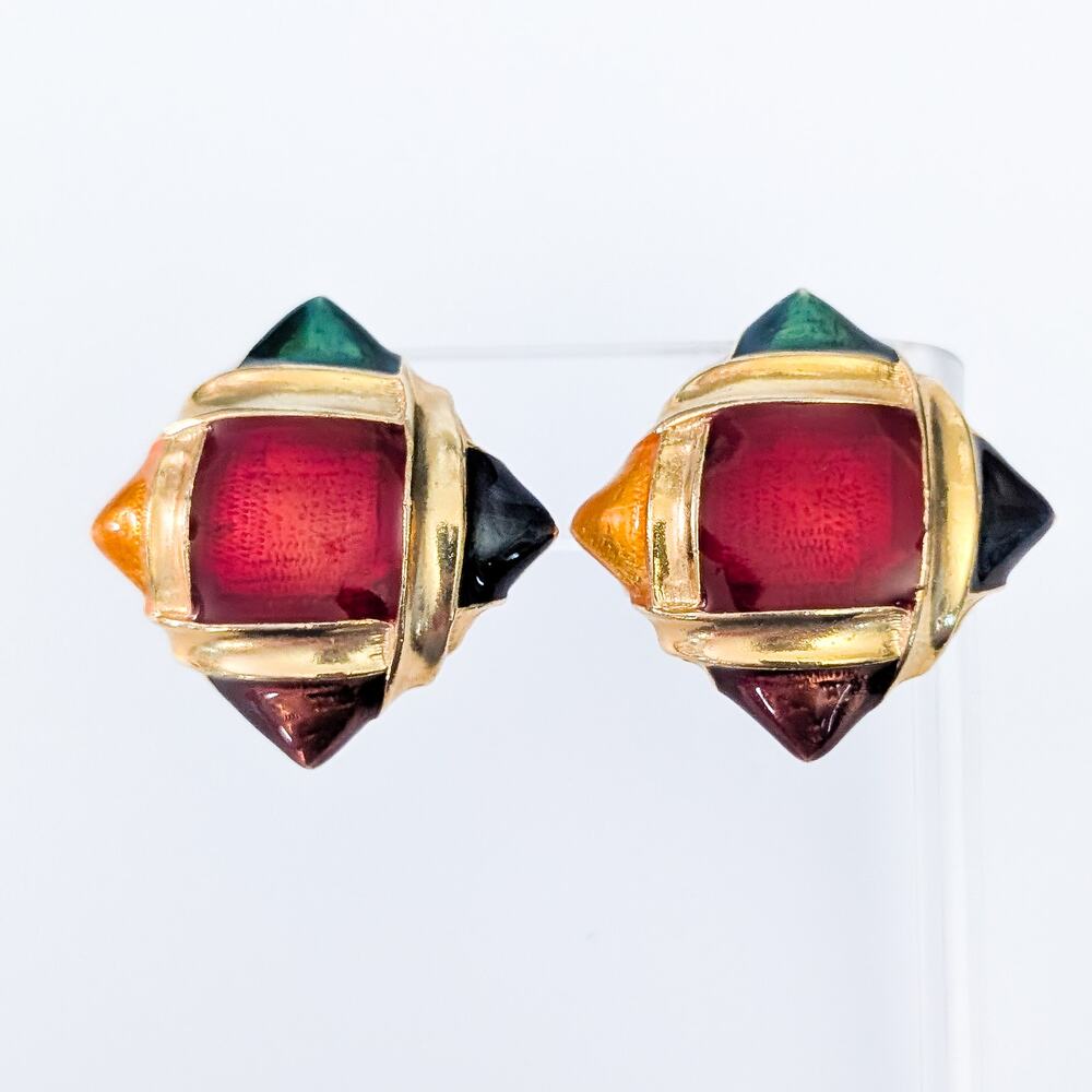 Vintage Clip On Earrings Stunning Statement Large Multi Colored